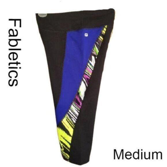 Fabletics Womens Cropped Leggings M Black Blue Midrise Athletic Yoga Workout - Picture 1 of 7